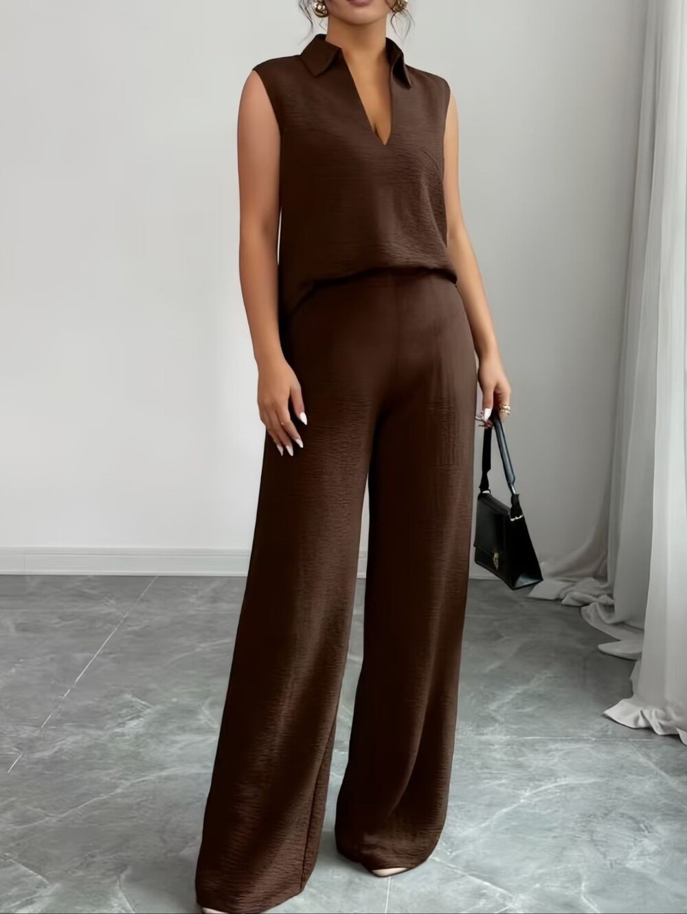 Sleeveless V-Neck Top And Wide Leg Pants Set- Brown